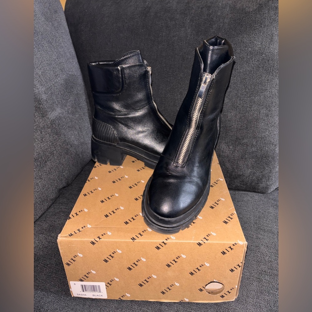 Mix No. 6 Black Front-Zip Leather Ankle Boots